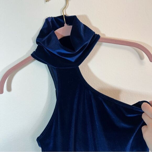✨ Alix Nyc Midnight Blue Velvet Asymmetric Mockneck Thong Carmine Bodysuit Small - Picture 4 of 13
